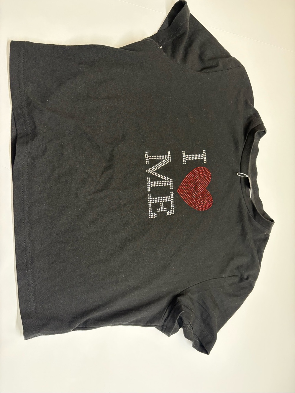 Black Tee with Red Heart Rhinestone Graphic